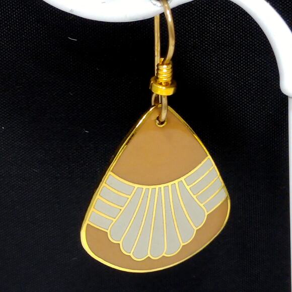 Vintage Laurel Burch Waterfall Earrings, Gold Plated, Beige & Gray Enamel - Picture 2 of 10